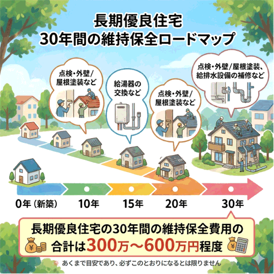 長期優良住宅の30年間にわたる維持保全スケジュールと費用の目安。10年ごとの点検と修繕工事のタイミングを例示 。