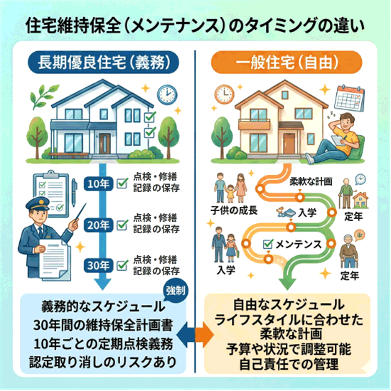 長期優良住宅は半ば強制的なタイミングで維持保全しなければならないが、一般住宅は自分のタイミングで維持保全できる