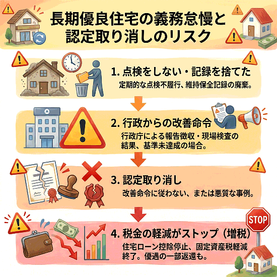 長期優良住宅の認定取り消しまでの流れ。維持保全義務を怠ることで税制優遇が失われるリスクを解説。