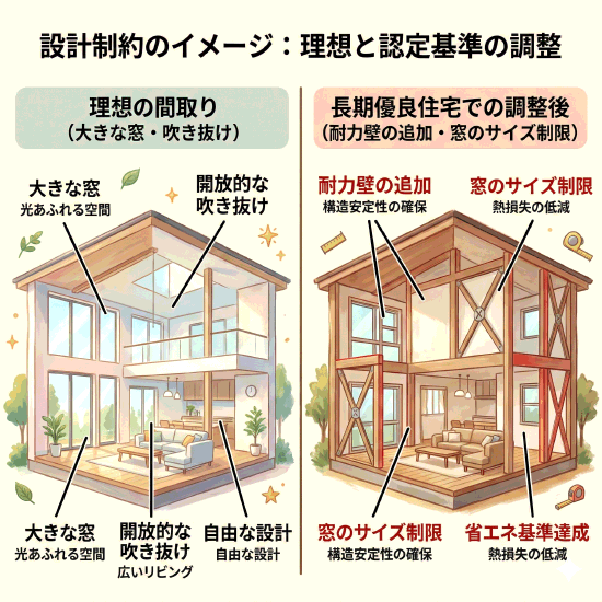 長期優良住宅の設計上の制約のイメージ図。耐震基準を満たすための耐力壁の配置や、断熱性能確保のための開口部制限を例示。