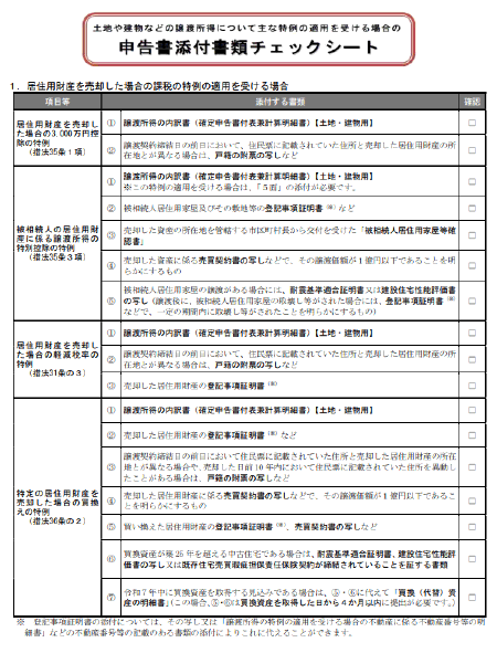 自分で確定申告をして特例の適用を受けるために揃えるべき必要書類が記載された国税庁のチェックシート