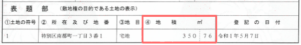 他人から敷地権をもらう場合に必要となるマンションが建つ土地全体の面積が記された登記事項証明書の箇所